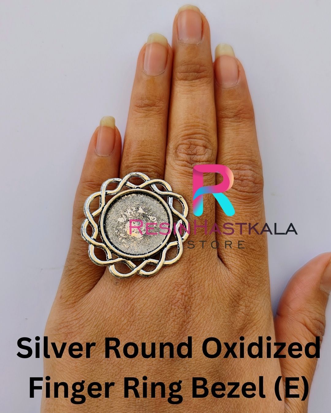 Silver Round Oxidized Finger Ring Bezel (E)