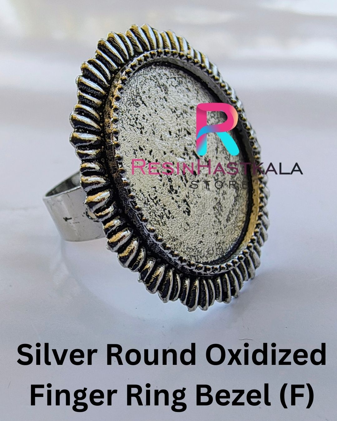 Silver Round Oxidized Finger Ring Bezel (F)