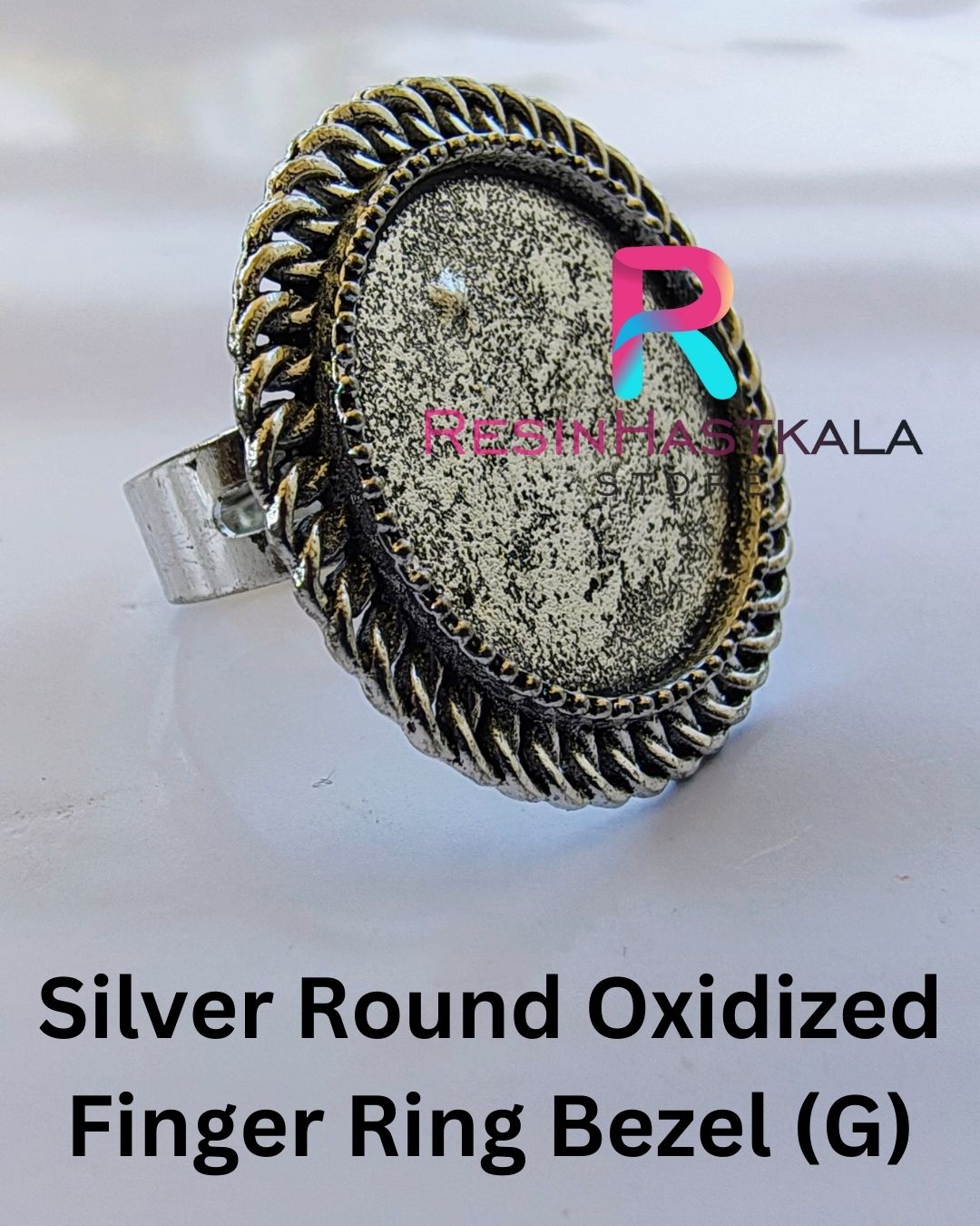 Silver Round Oxidized Finger Ring Bezel (G)