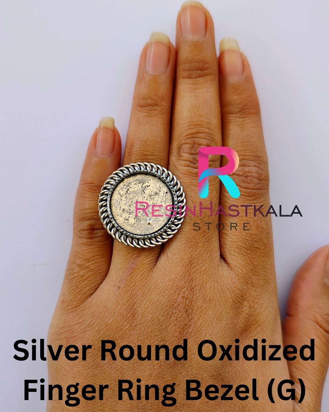 Silver Round Oxidized Finger Ring Bezel (G)