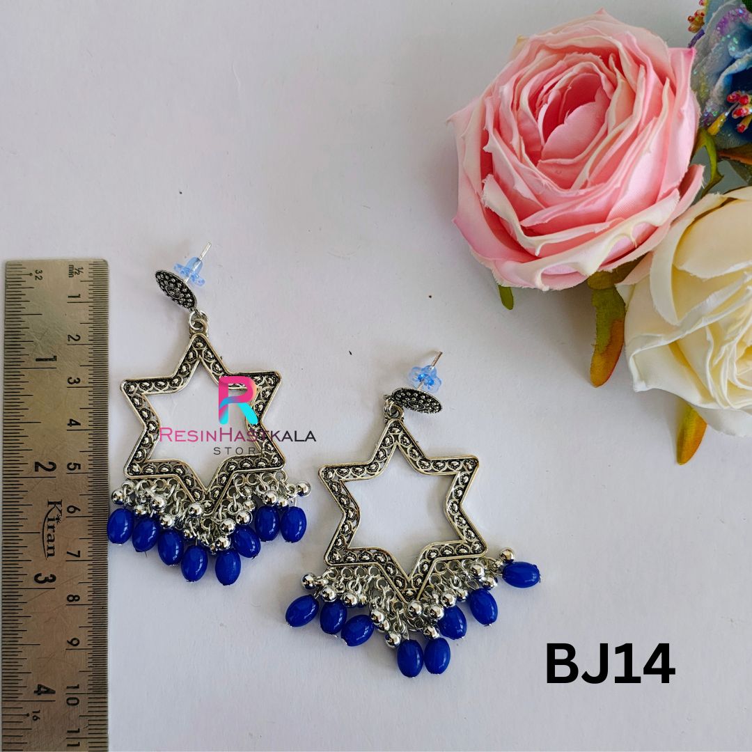 Silver Star Earring Bezel/Jumkha With Blue Beads (BJ14)