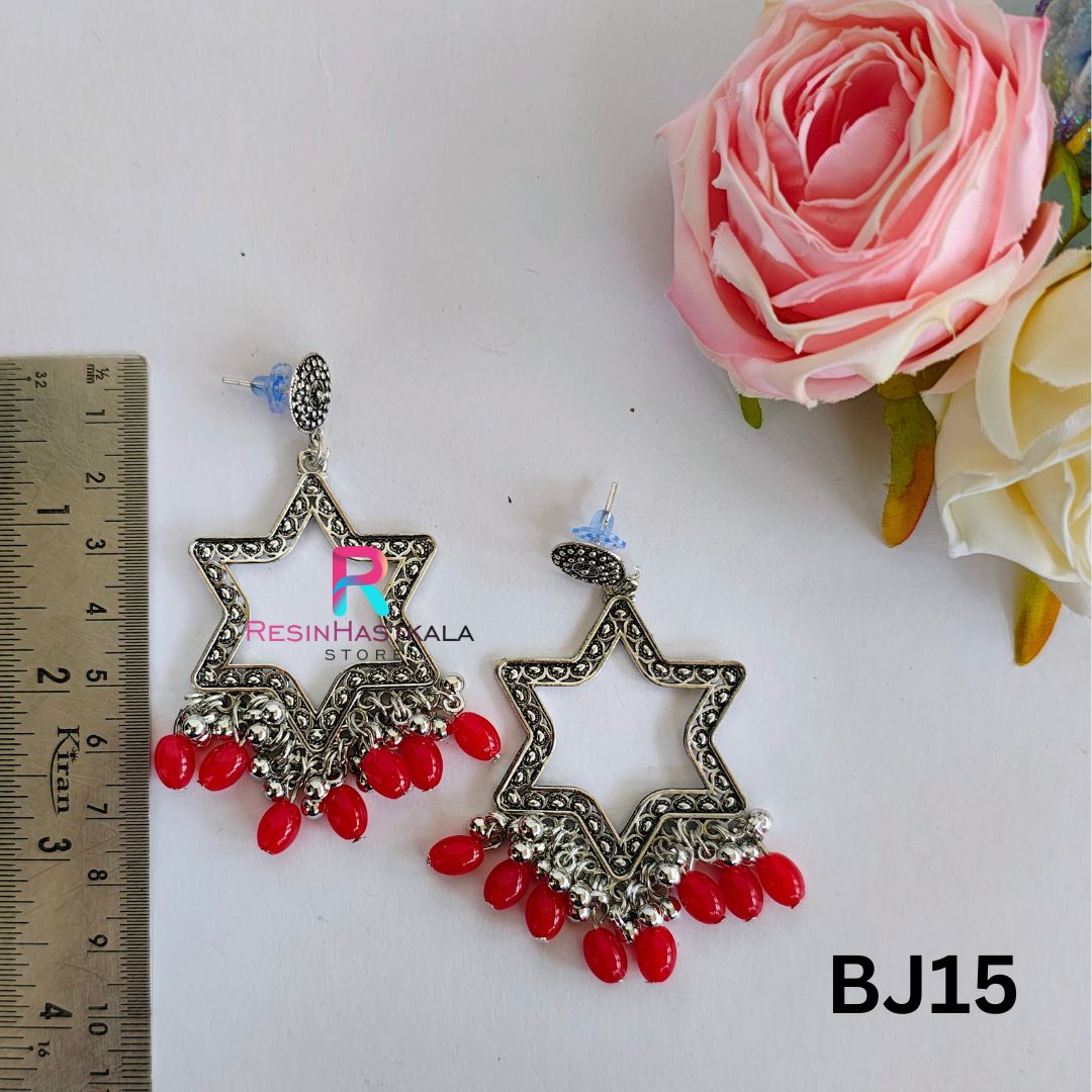 Silver Star Earring Bezel/Jumkha With Red Beads (BJ15)