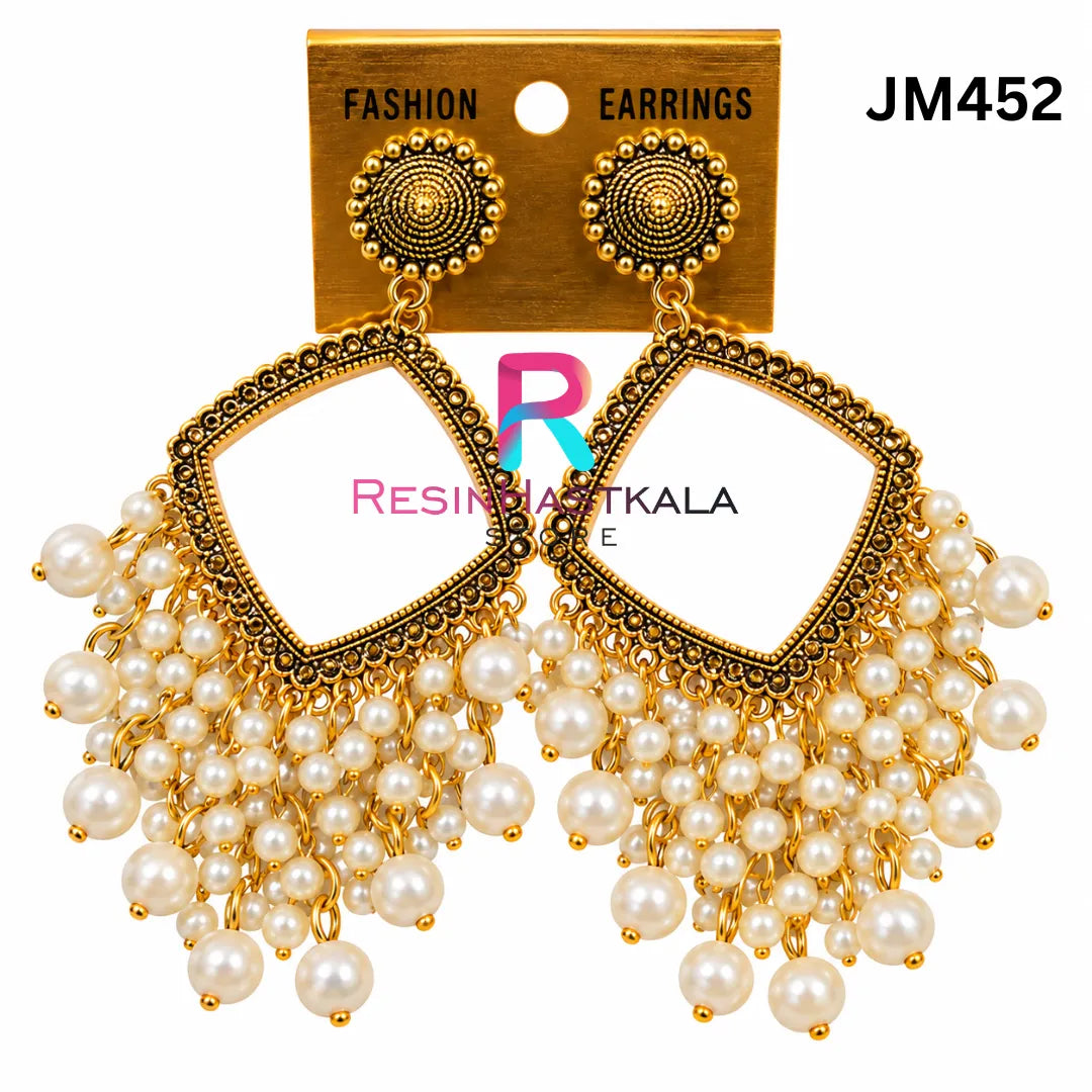Square Gold Chandbali Earring Bezel / Jhumka Bezel with White Beads (JM452)