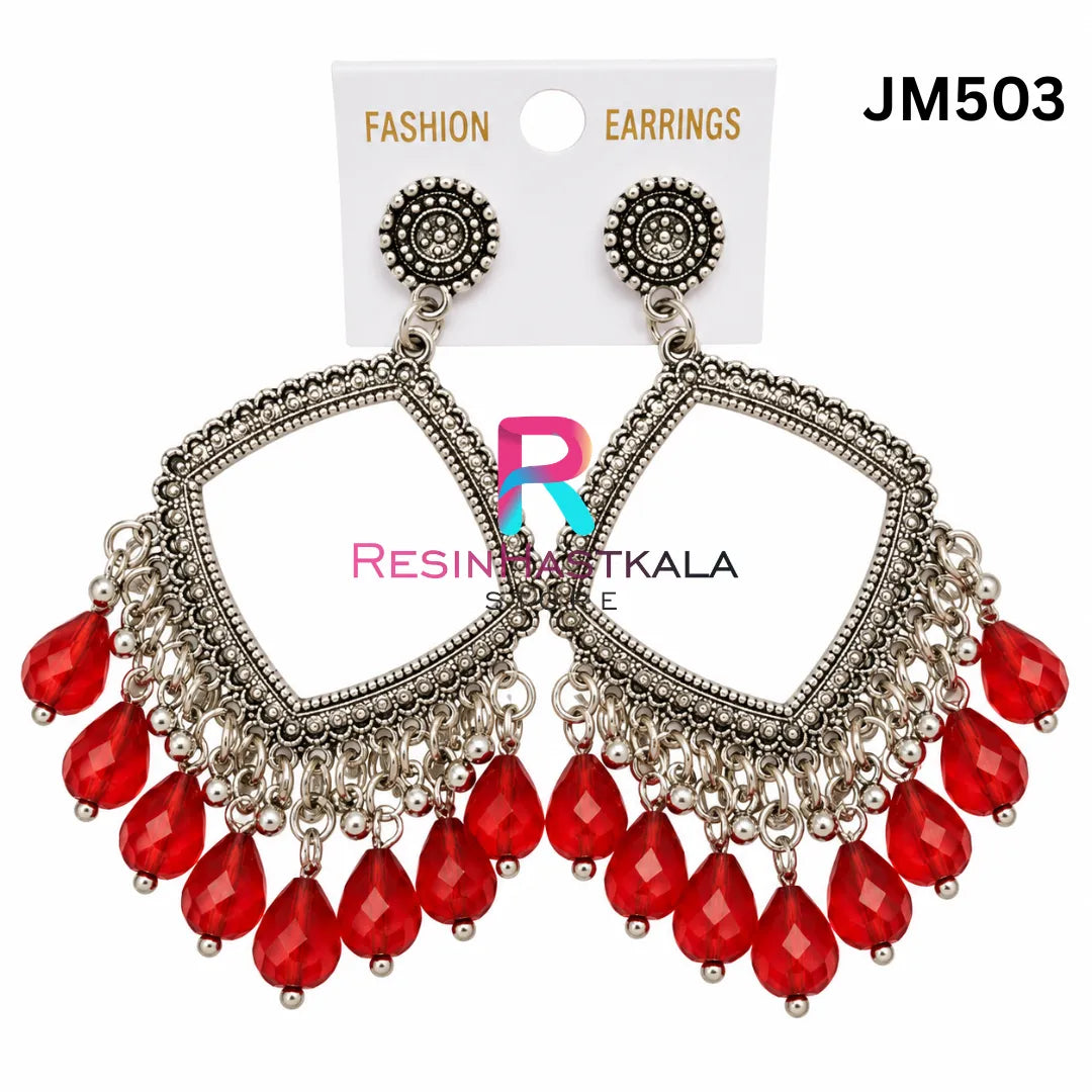 Square Silver Bezel / Jhumka Bezel with Red Beads (JM503)