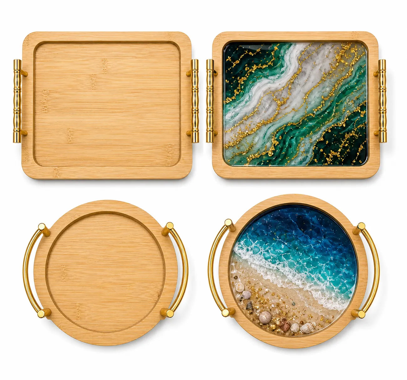 11 inch Round Serving Tray with Gold Metal Handles