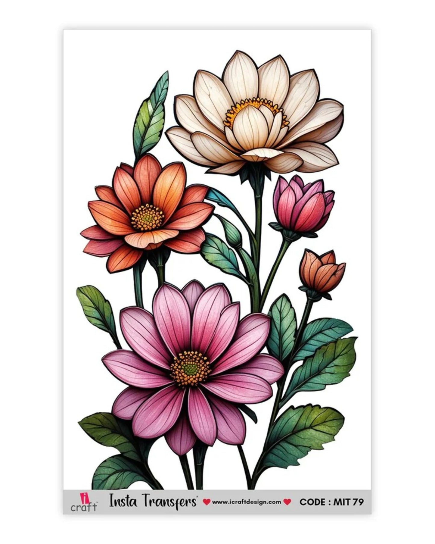 iCraft Water Transfer Sticker – Flower Design (MIT79) (3.5" x 5")