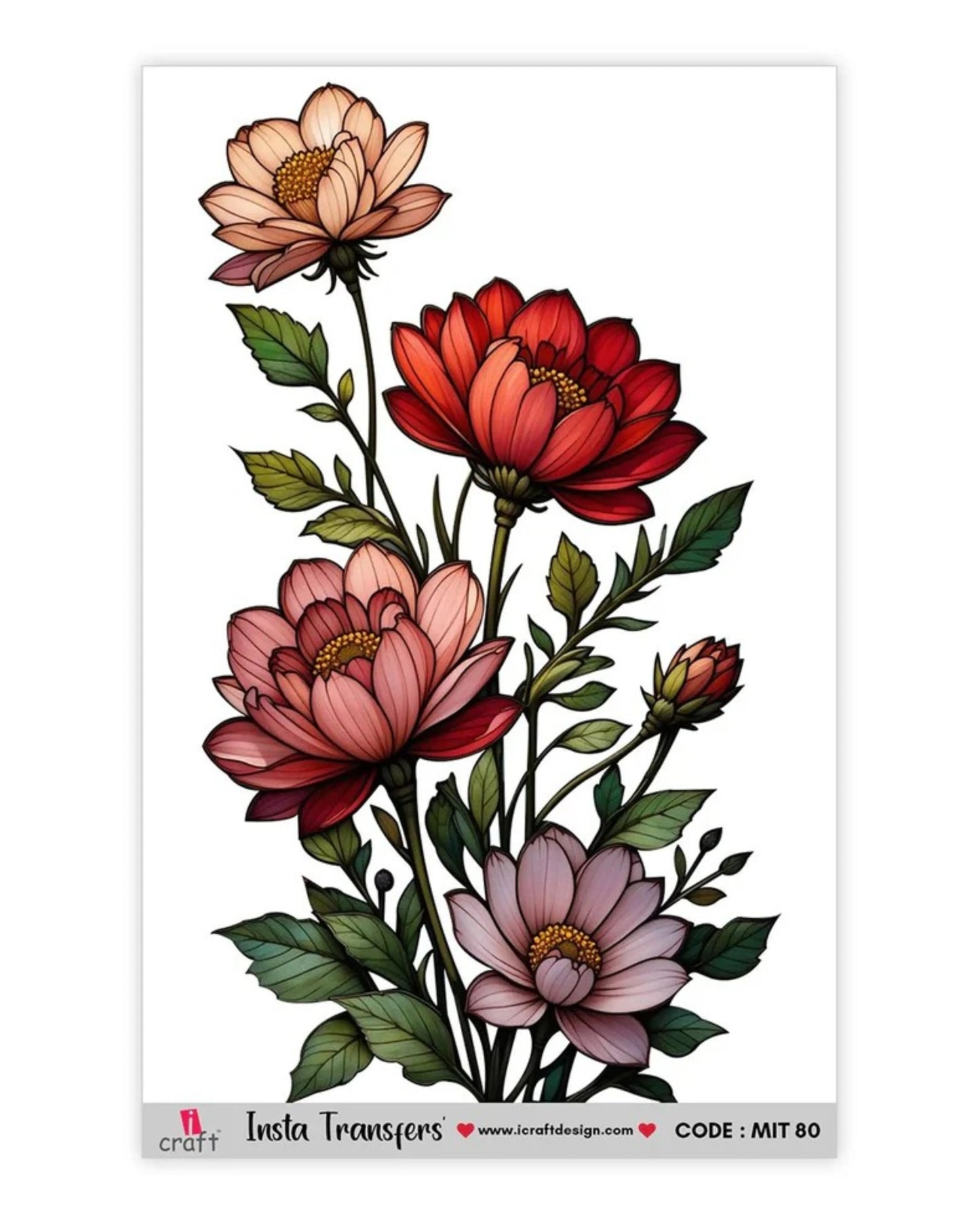 iCraft Water Transfer Sticker – Flower Design (MIT80) (3.5" x 5")