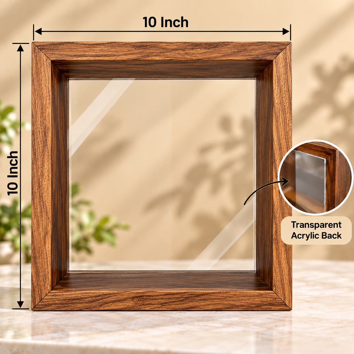 10×10 Inch Teak Wood Floating Frame with Acrylic Base – Varmala Preservation