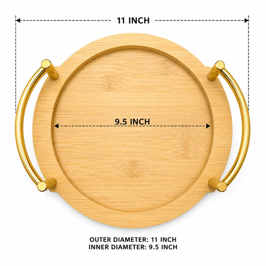 11 inch Round Serving Tray with Gold Metal Handles