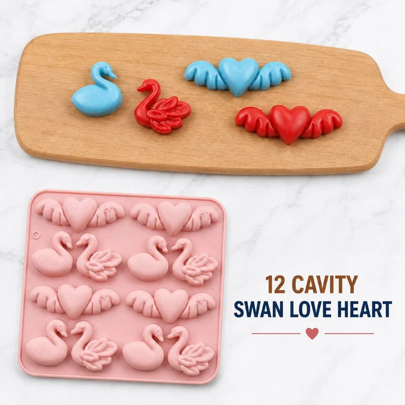 12 Cavity Swan & Winged Heart Silicone Mould for DIY Resin, Concrete Art, Soap, Chocolate & Cake Making