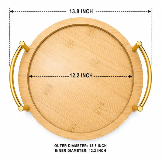 14 inch Round Serving Tray with Gold Metal Handles