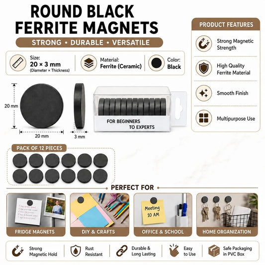 20 × 3 mm Round Black Ferrite Magnets – Pack of 12