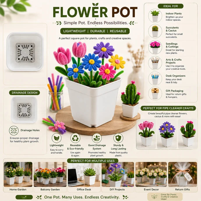 Square Plastic Flower Pot with Drainage Holes – 7.7 × 6.5 × 7 cm | Pack of 5