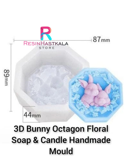 3D Bunny Octagon Floral Soap & Candle Handmade Mould