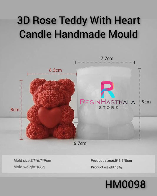 3D Rose Teddy With Heart Candle Handmade Mould