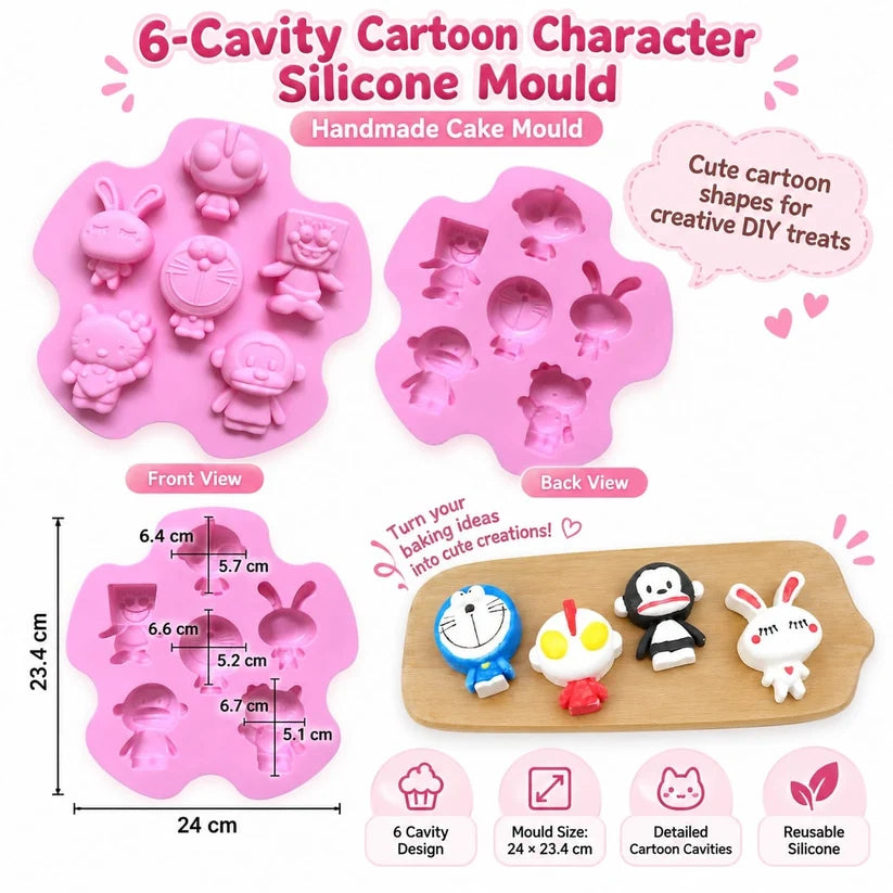 6 Cavity Cartoon Character Silicone Mould 24 × 23.4 CM for DIY Resin, Concrete Art, Soap, Chocolate & Cake Making