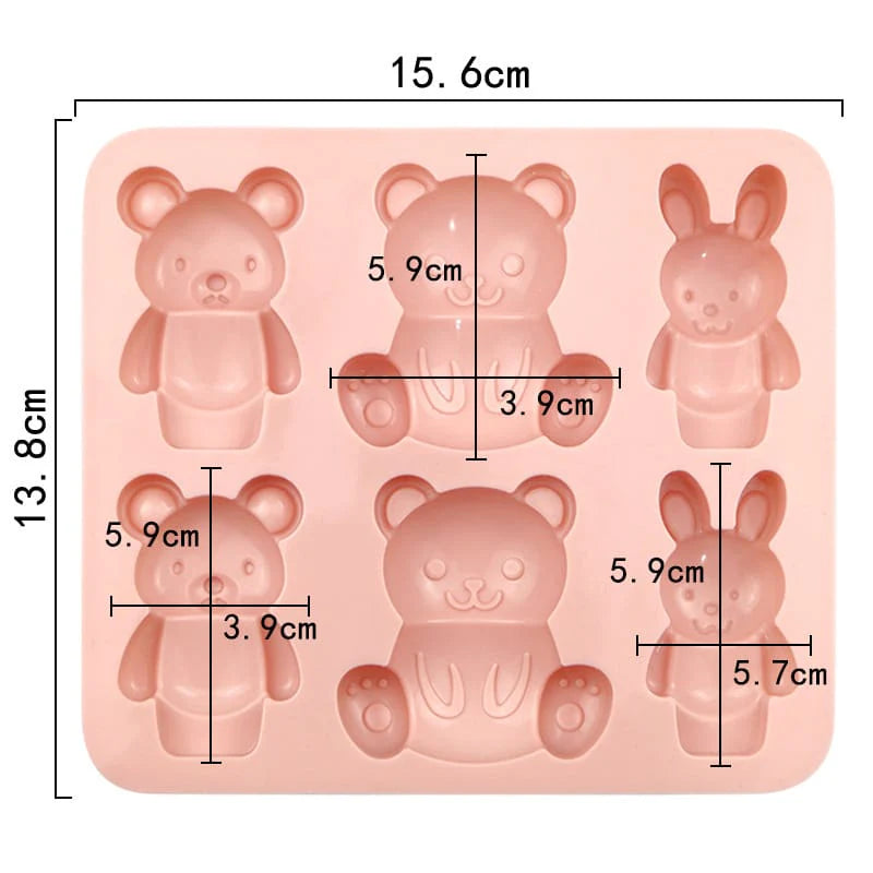 6 Cavity Cartoon Teddy Bear & Bunny Rabbit Tray Silicone Mould for DIY Resin, Concrete Art, Soap, Chocolate & Cake Making