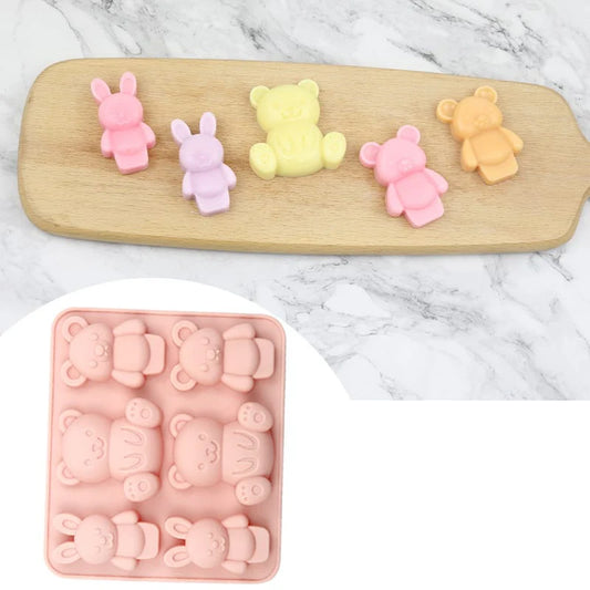 6 Cavity Cartoon Teddy Bear & Bunny Rabbit Tray Silicone Mould for DIY Resin, Concrete Art, Soap, Chocolate & Cake Making