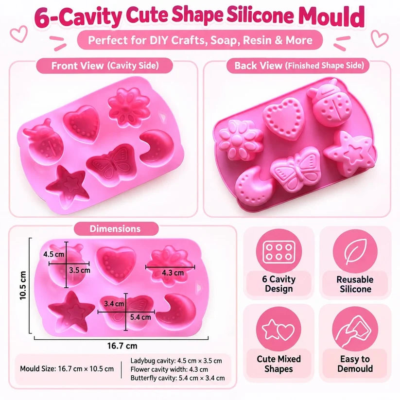 6 Cavity Cute Shape Silicone Mould 16.7 × 10.5 CM for DIY Resin, Concrete Art, Soap, Chocolate & Cake Making