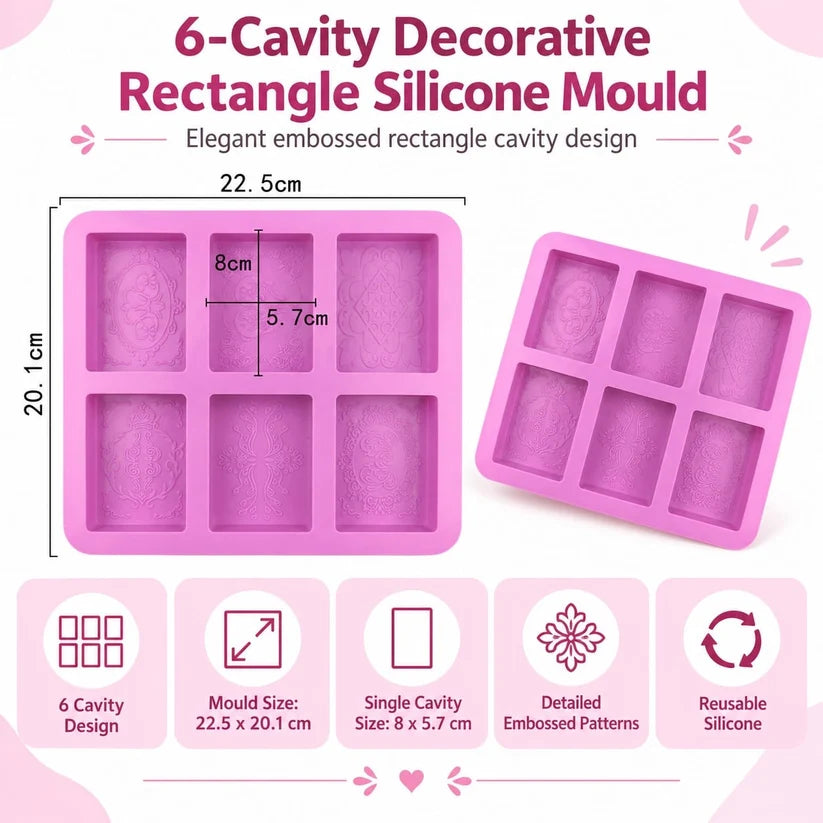 6 Cavity Decorative Rectangle Silicone Mould 22.5 × 20.1 CM for DIY Resin, Concrete Art, Soap, Chocolate & Cake Making
