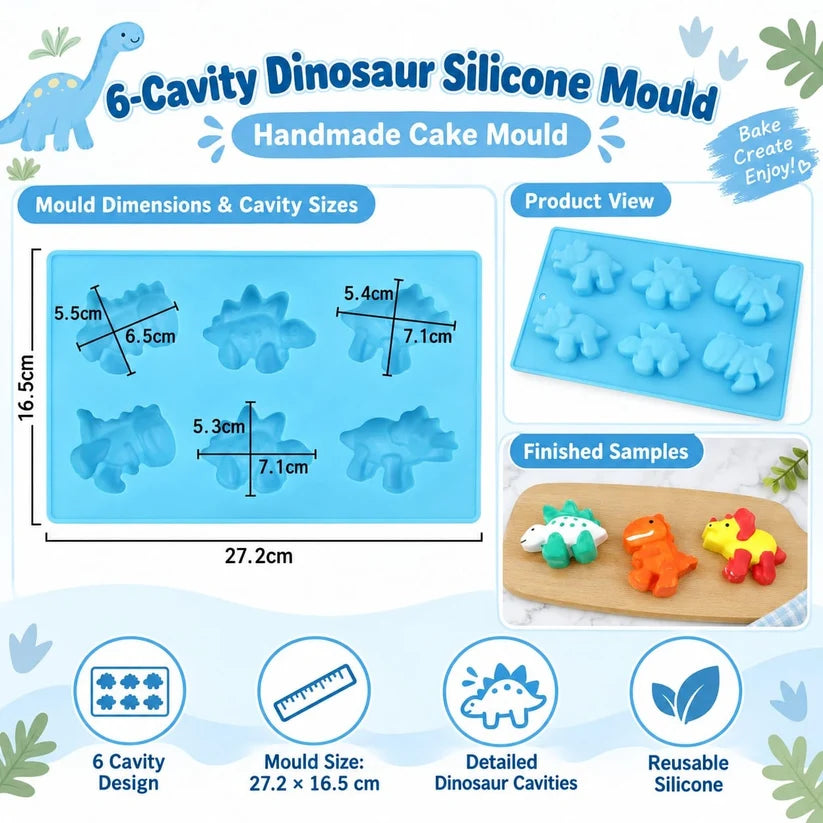 6 Cavity Dinosaur Silicone Mould 27.2 × 16.5 CM for DIY Resin, Concrete Art, Soap, Chocolate & Cake Making