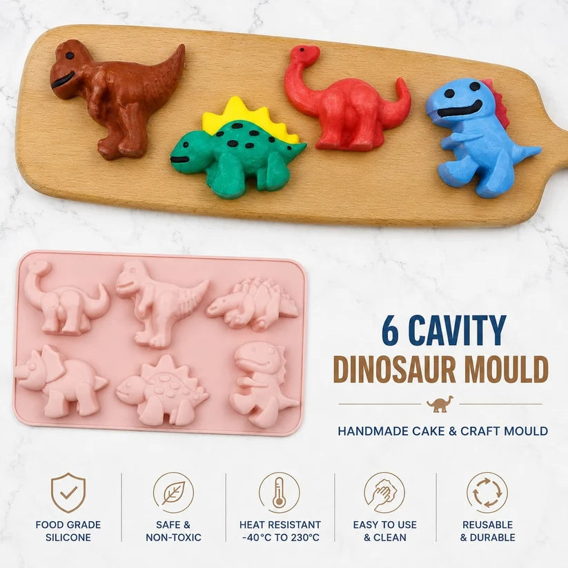 6 Cavity Dinosaur Silicone Mould (SM1493) 27.2 × 16.5 CM for DIY Resin, Concrete Art, Soap, Chocolate & Cake Making