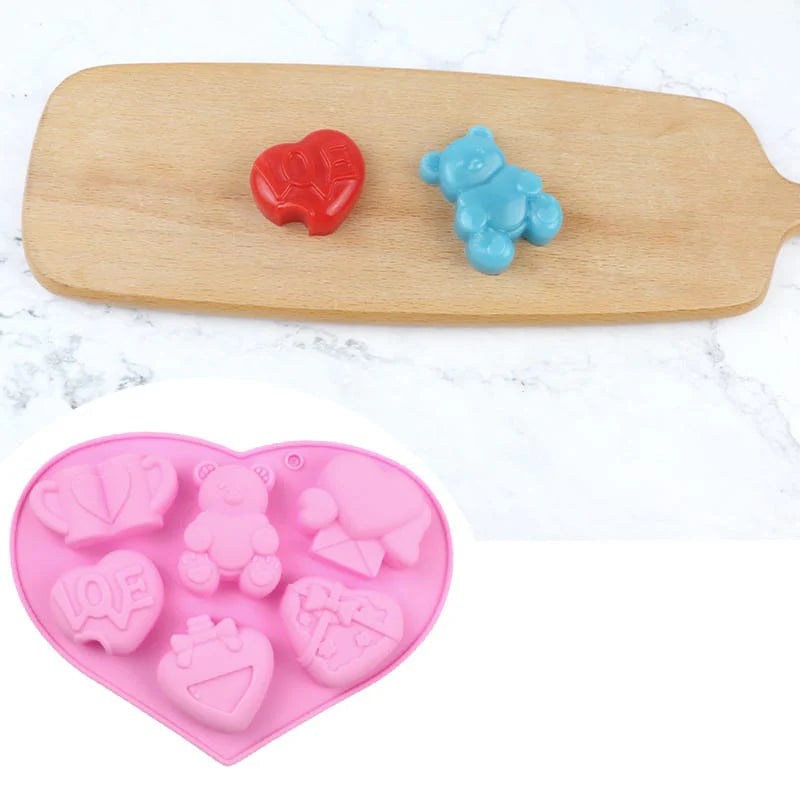 7 Cavity Valentine Teddy Bear & Love Heart Silicone Mould for Resin, Concrete Art, Soap, Chocolate & Cake Making