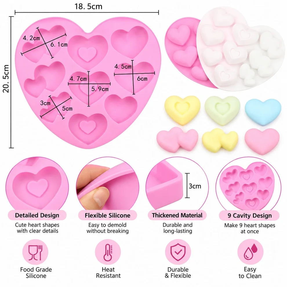 9 Cavity Heart Silicone Mould 18.5 × 20.5 CM for DIY Resin, Concrete Art, Soap, Chocolate & Cake Making