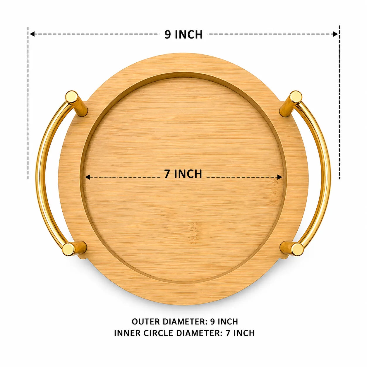 9 inch Round Serving Tray with Gold Metal Handles