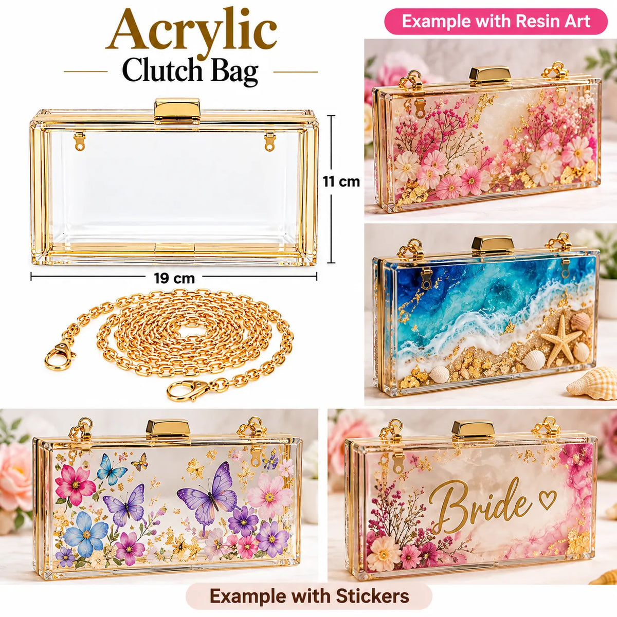 Indian Quality Transparent Acrylic Clutch Bag with Golden Chain for Resin Art