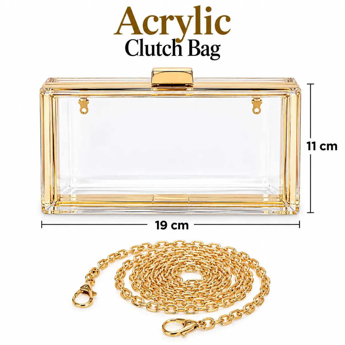 Indian Quality Transparent Acrylic Clutch Bag with Golden Chain for Resin Art