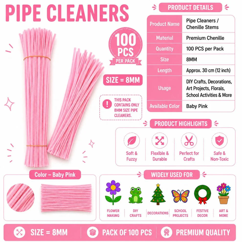 8 mm Premium Pipe Cleaners for Flower Making &  Diy Crafts Projects  – 100 Pcs (Approx.)
