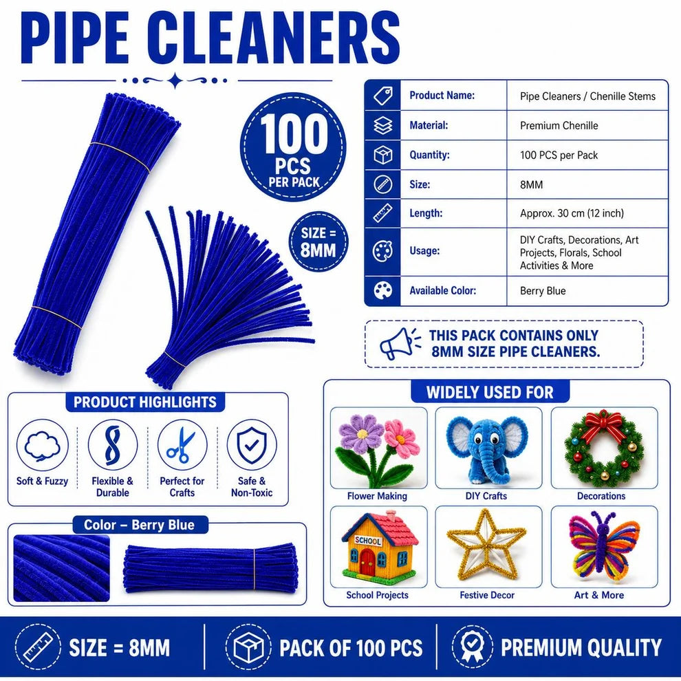 8 mm Premium Pipe Cleaners for Flower Making &  Diy Crafts Projects  – 100 Pcs (Approx.)
