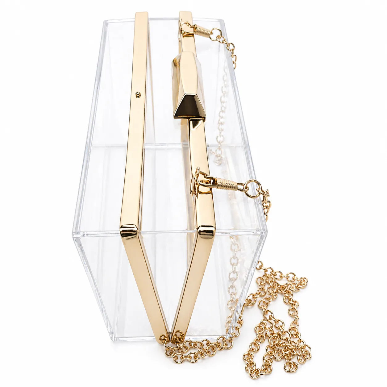 Clear Acrylic Box Clutch with Gold Metal Frame & Chain Strap - Rectangle Closure
