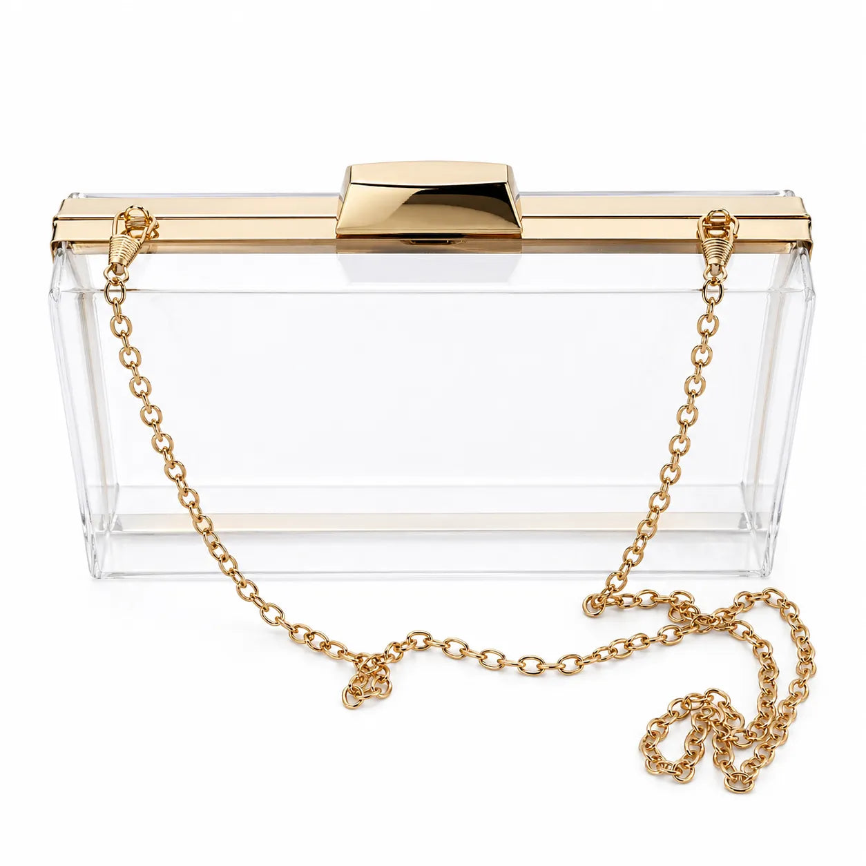 Clear Acrylic Box Clutch with Gold Metal Frame & Chain Strap - Rectangle Closure
