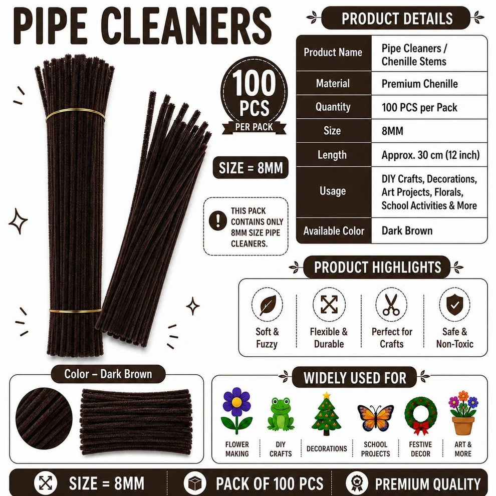 8 mm Premium Pipe Cleaners for Flower Making &  Diy Crafts Projects  – 100 Pcs (Approx.)