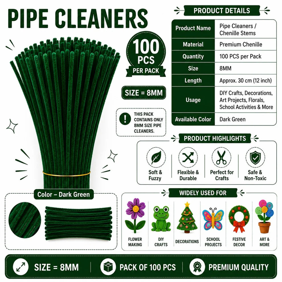 8 mm Premium Pipe Cleaners for Flower Making &  Diy Crafts Projects  – 100 Pcs (Approx.)