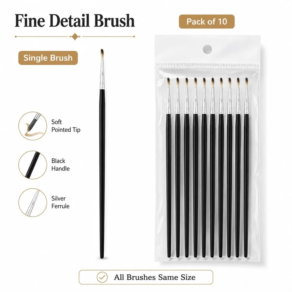 Fine Detail Paint Brush with Soft Pointed Tip – Pack of 10