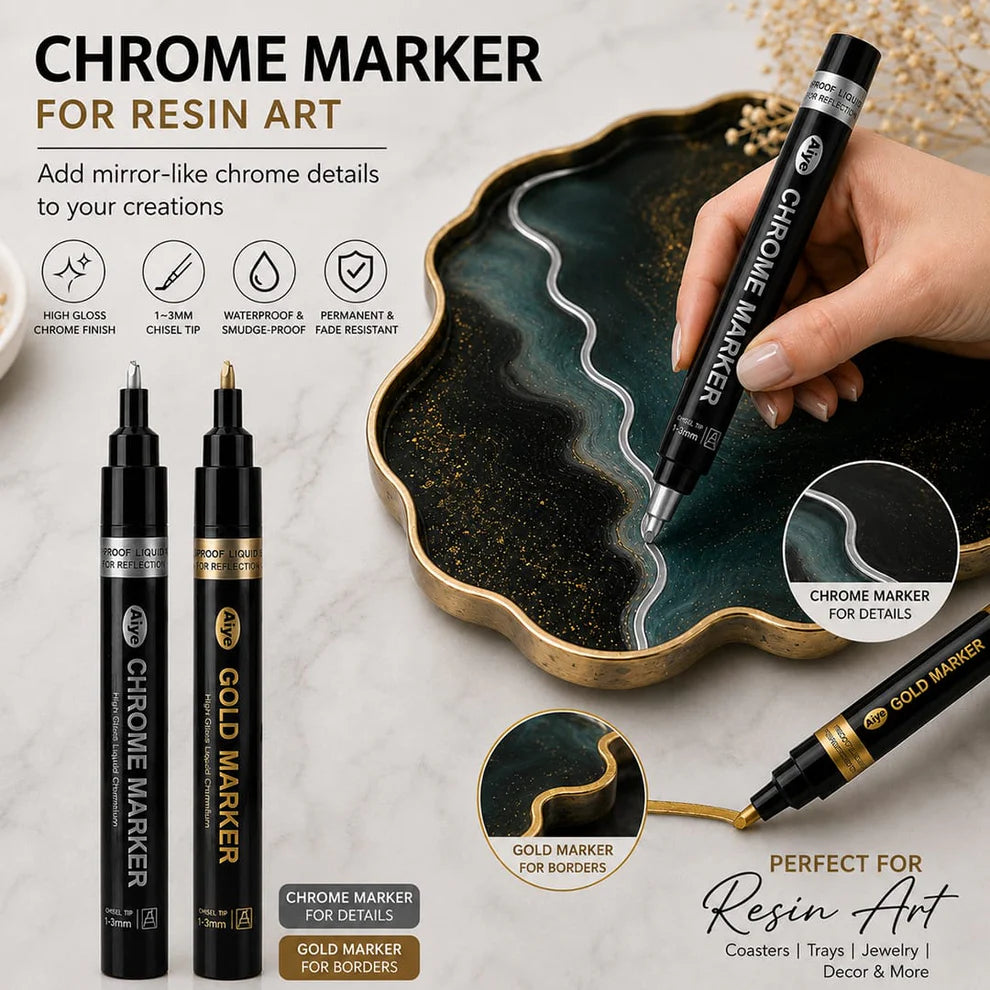 Gold Premium Chrome Permanent Metallic Marker Pen (1–3mm Chisel Tip) – Mirror Finish for Resin Art, DIY Crafts & Metal Touch-Ups