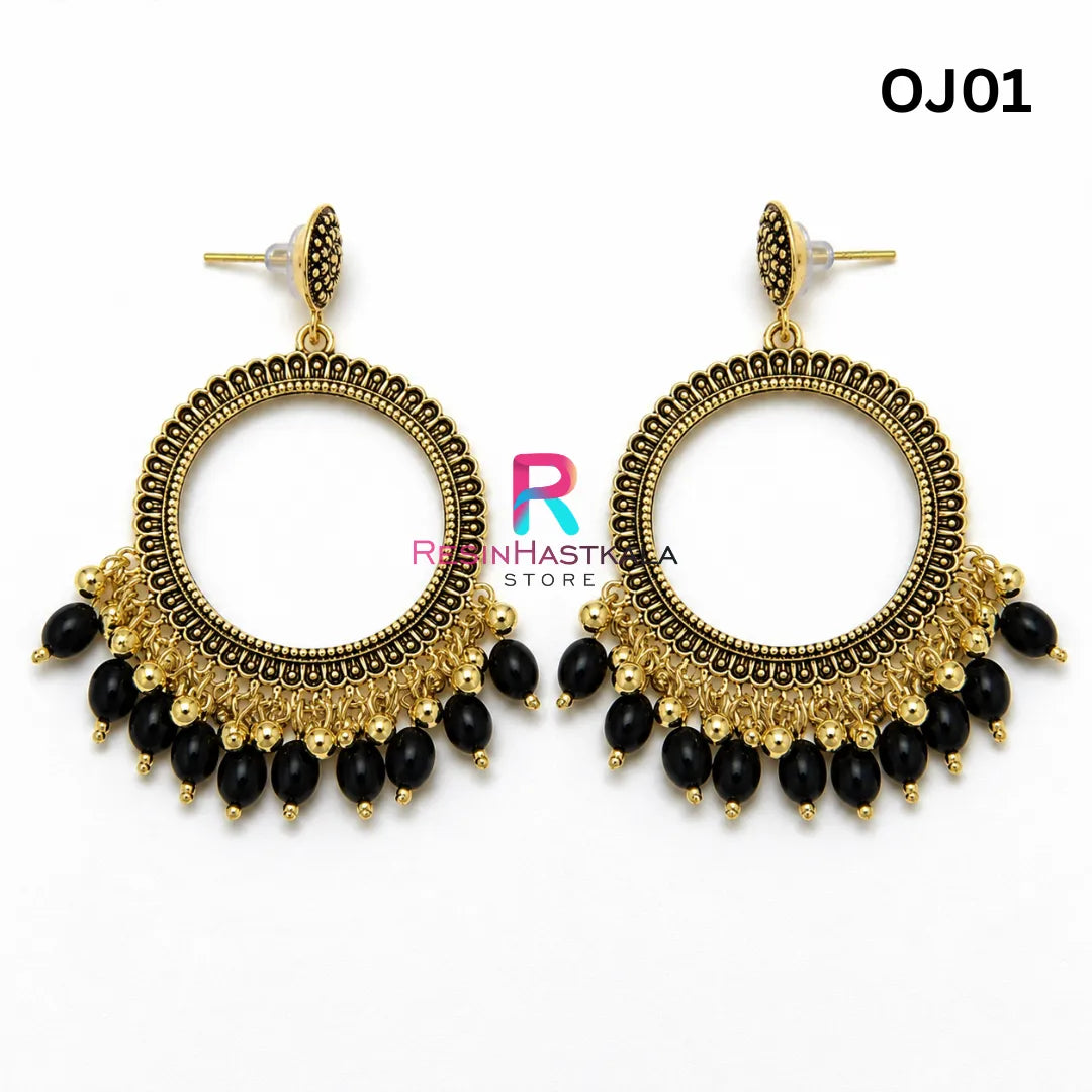 Gold Round Earring Bezel / Jhumka with Beads (OJ01)