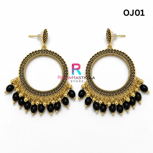 Gold Round Earring Bezel / Jhumka with Beads (OJ01)