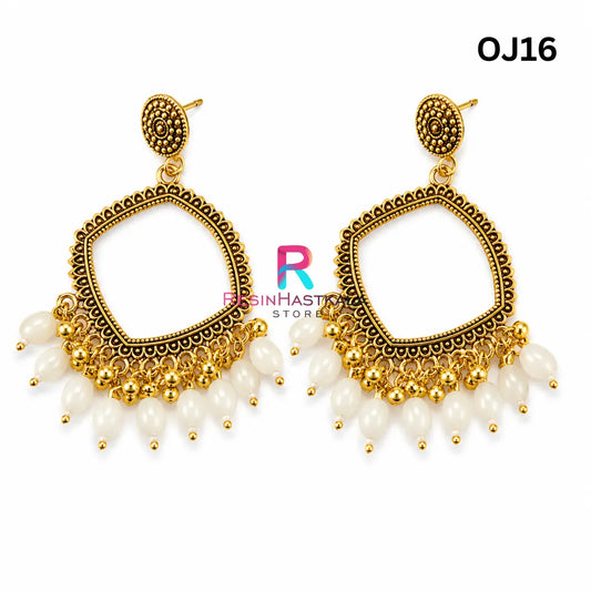 Gold Square Earring Bezel / Jhumka with Beads (OJ16)