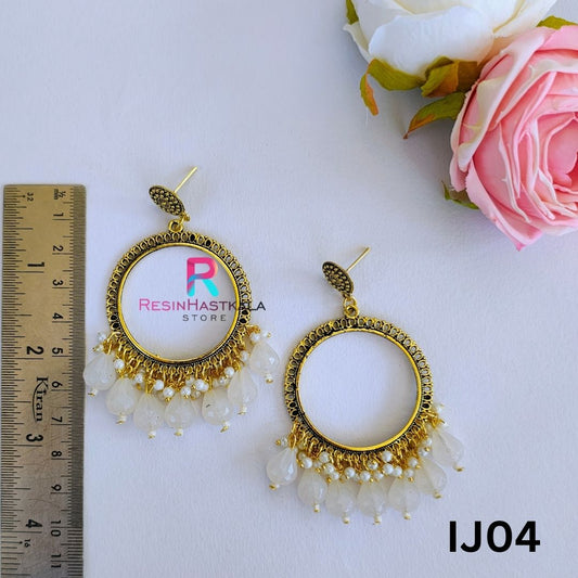 Gold Round Earring BezelJumkha With Beads (IJ04)