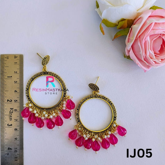 Gold Round Earring BezelJumkha With Beads (IJ05)