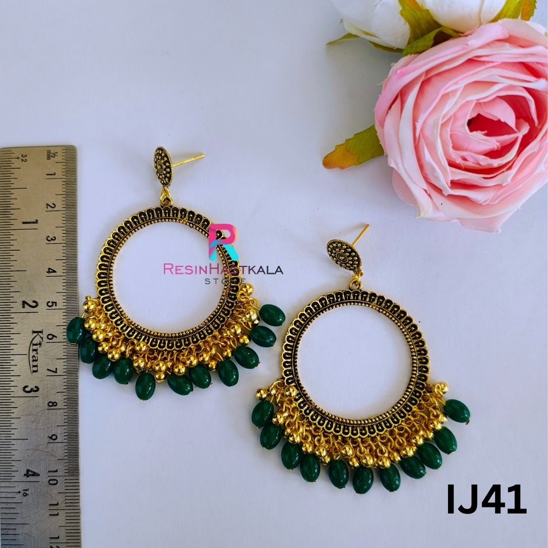 Gold Round Earring Bezel/Jumkha With Beads (IJ41)