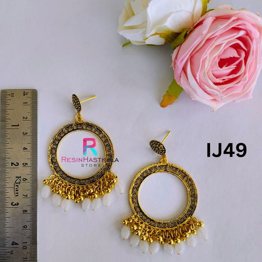 Gold Round Earring Bezel/Jumkha With Beads (IJ49)
