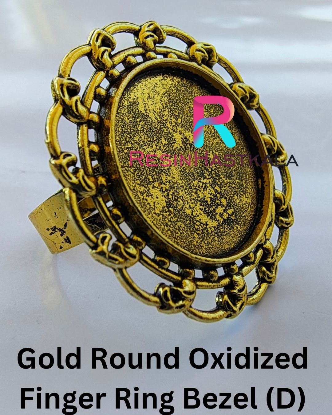 Gold Round Oxidized Finger Ring Bezel (D)