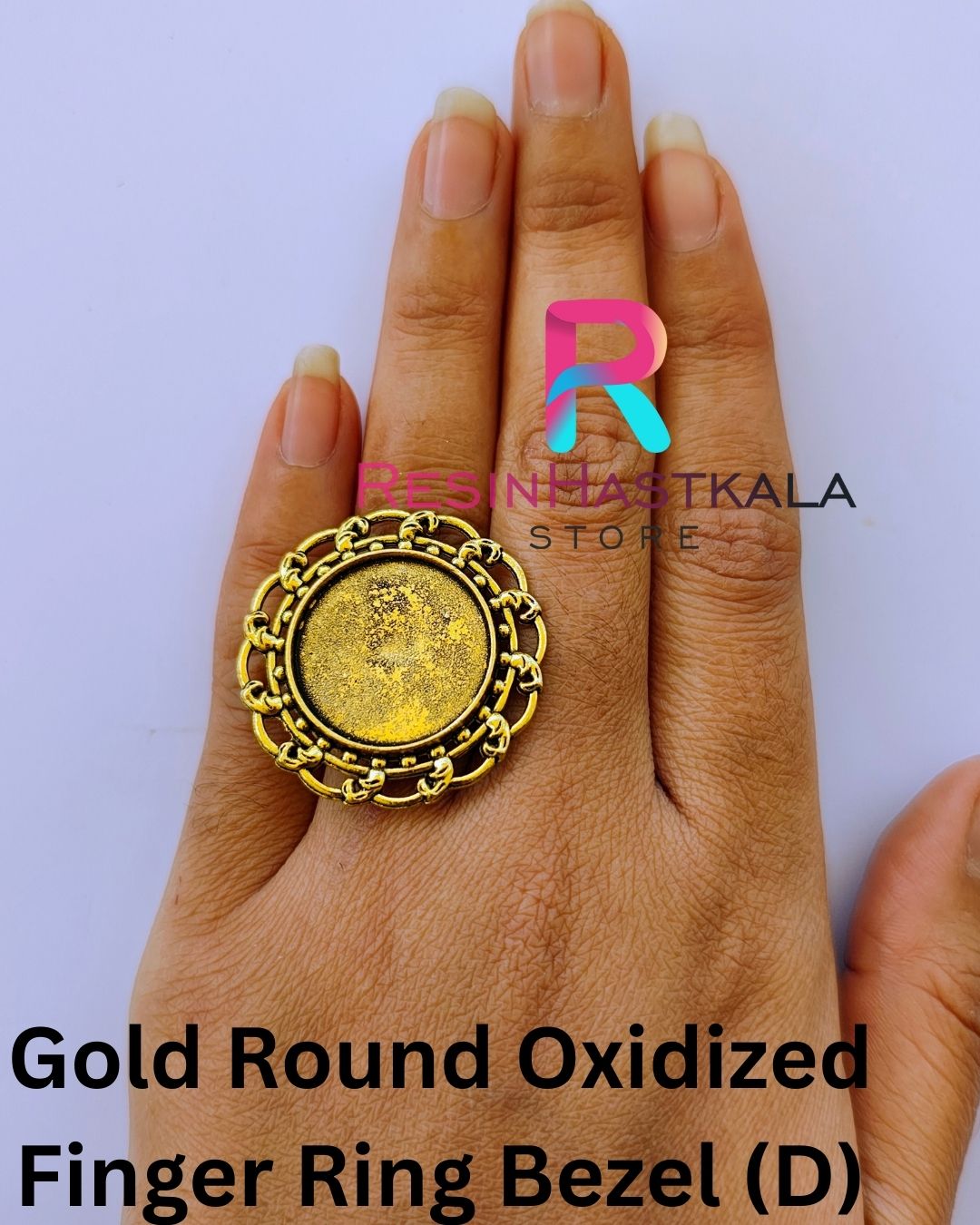Gold Round Oxidized Finger Ring Bezel (D)
