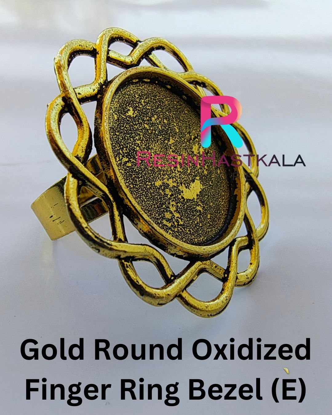 Gold Round Oxidized Finger Ring Bezel (E)