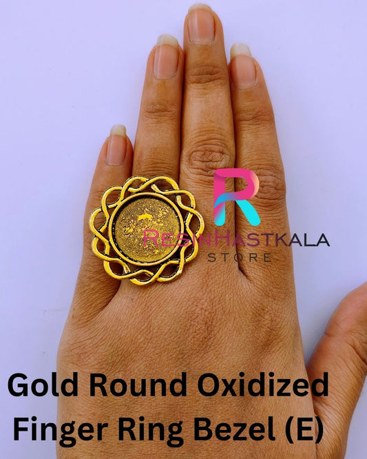 Gold Round Oxidized Finger Ring Bezel (E)